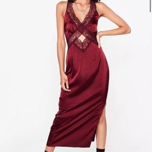 NASTY GAL | RED LACE SATIN MIDI DRESS | NWT | SIZE 12